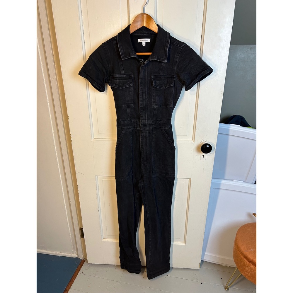 Good American Fit For Success Jumpsuit Womens 0 Black Denim Short Sleeve GMJS126